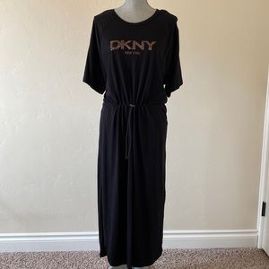 DKNY | Beaded Logo Drawstring Waist Cotton & Modal Midi Dress